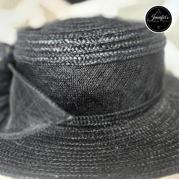 Betmar New York Vintage Black 100% Straw Rolled Brim Roses Hat Size 22.25 MED - Picture 4 of 9